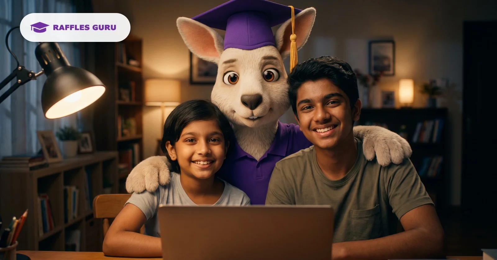Two siblings learning Tamil together online with Enthira, the Raffles Guru mascot